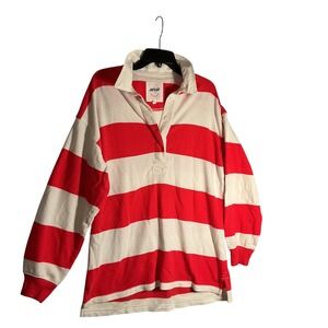 Aerie Red White Striped Rugby Shirt Long Sleeve Oversize S/P Preppy Collared Top
